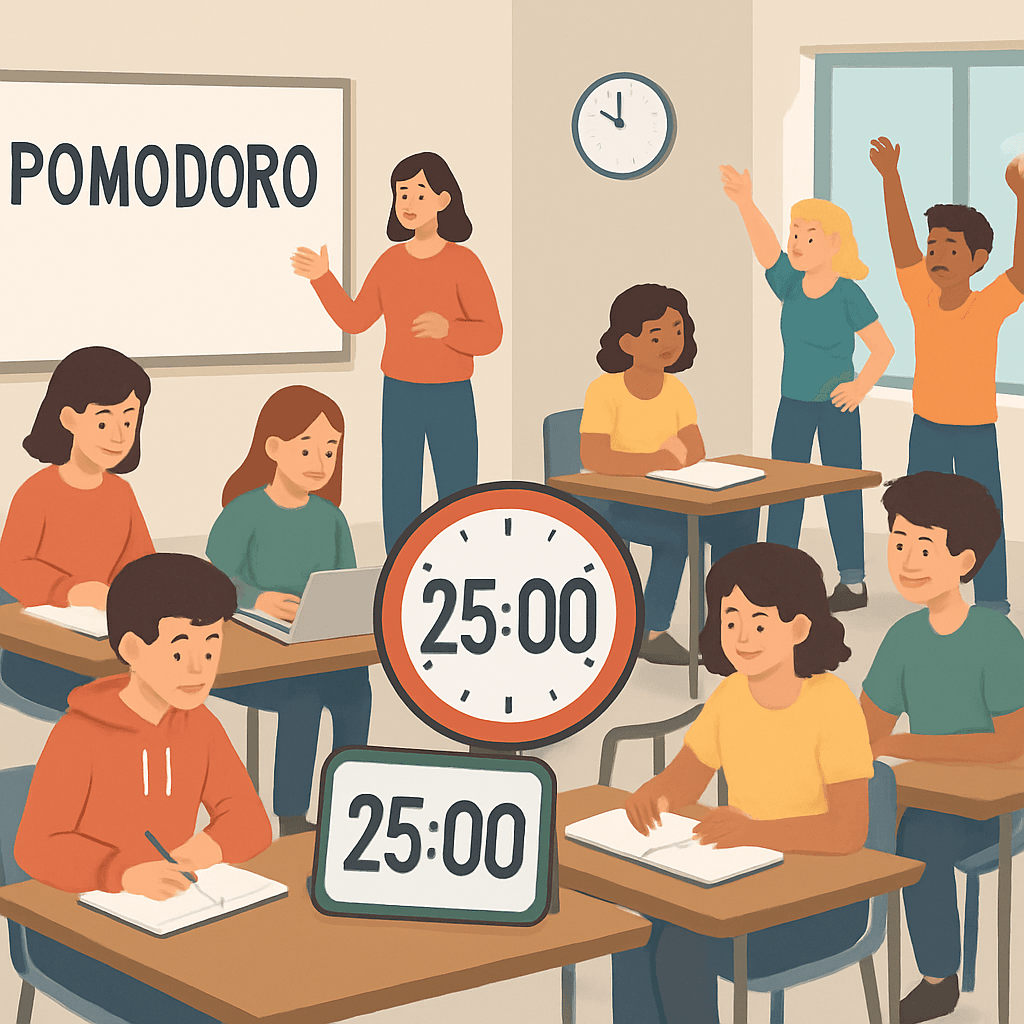 Élèves en classe moderne utilisant la méthode Pomodoro en groupe avec minuteurs