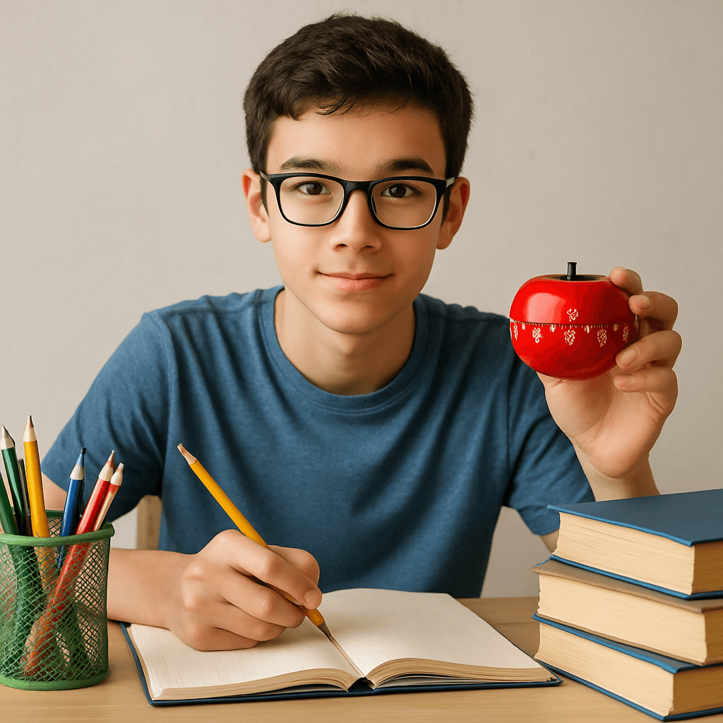 Étudiant utilisant la méthode Pomodoro avec minuteur et matériel d'étude